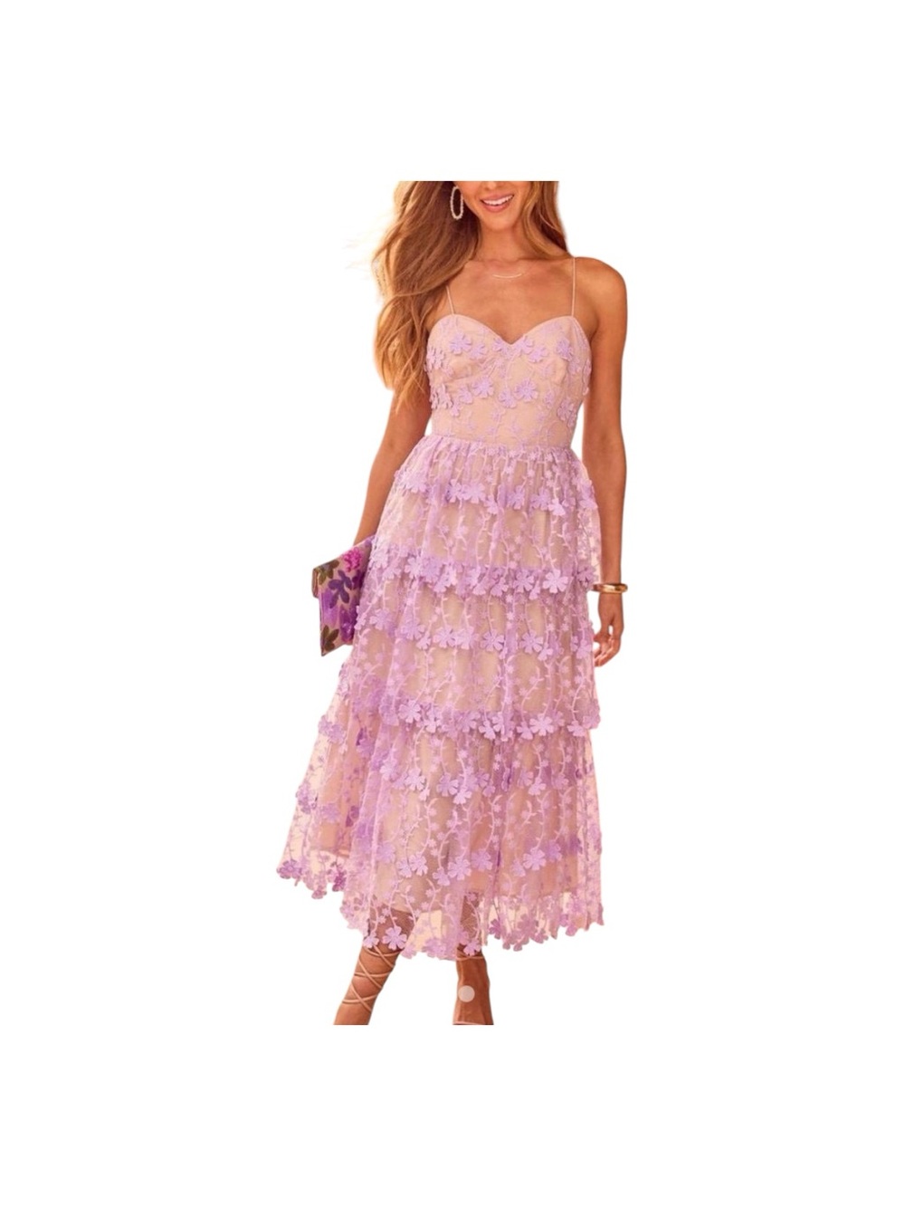 Endless Rose. Lilac Embroidered Floral Appliqué Spaghetti-Strap Midi Dress
